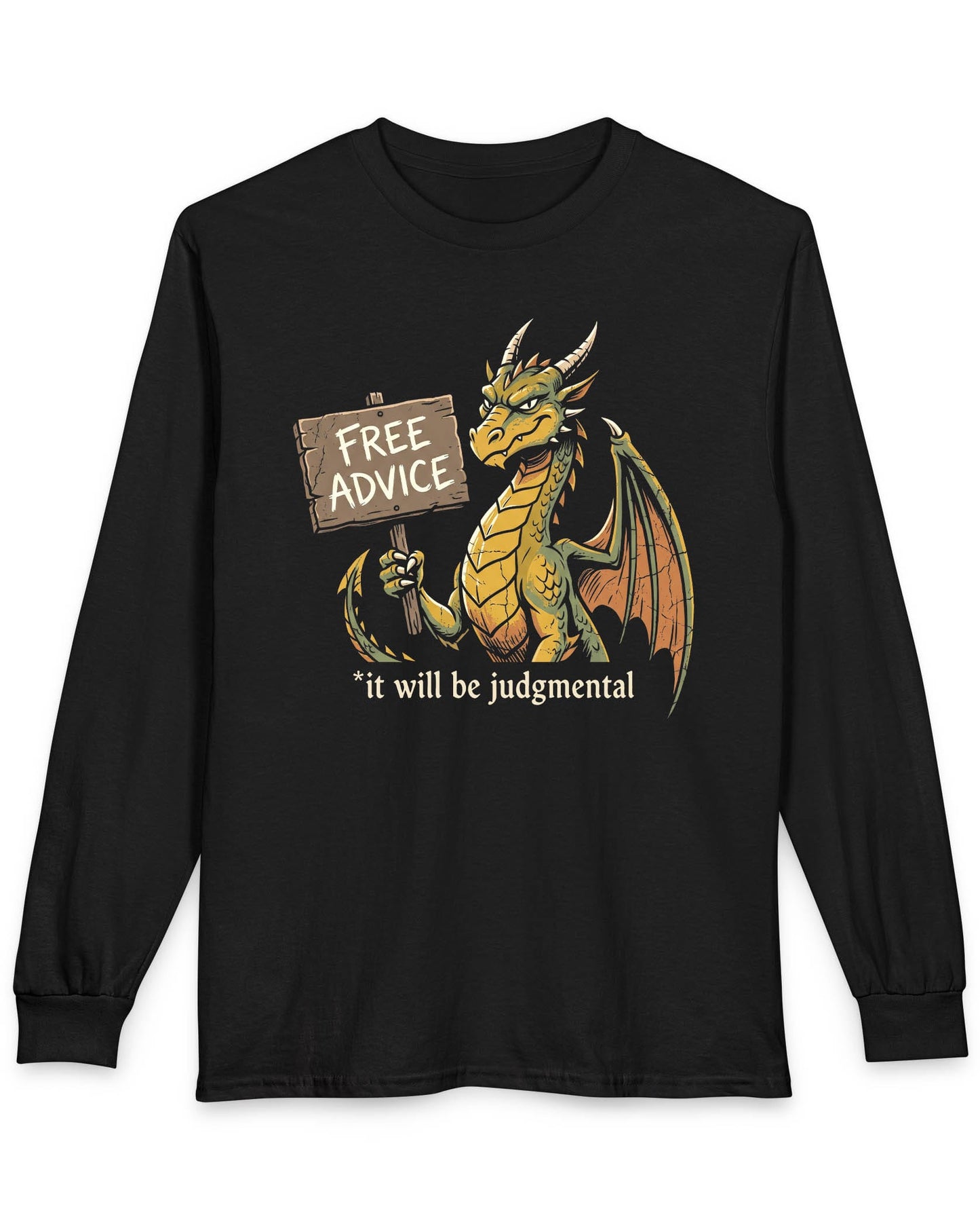 Free Advice shirt in black featuring a green and gold dragon holding a wooden sign reading “Free Advice”