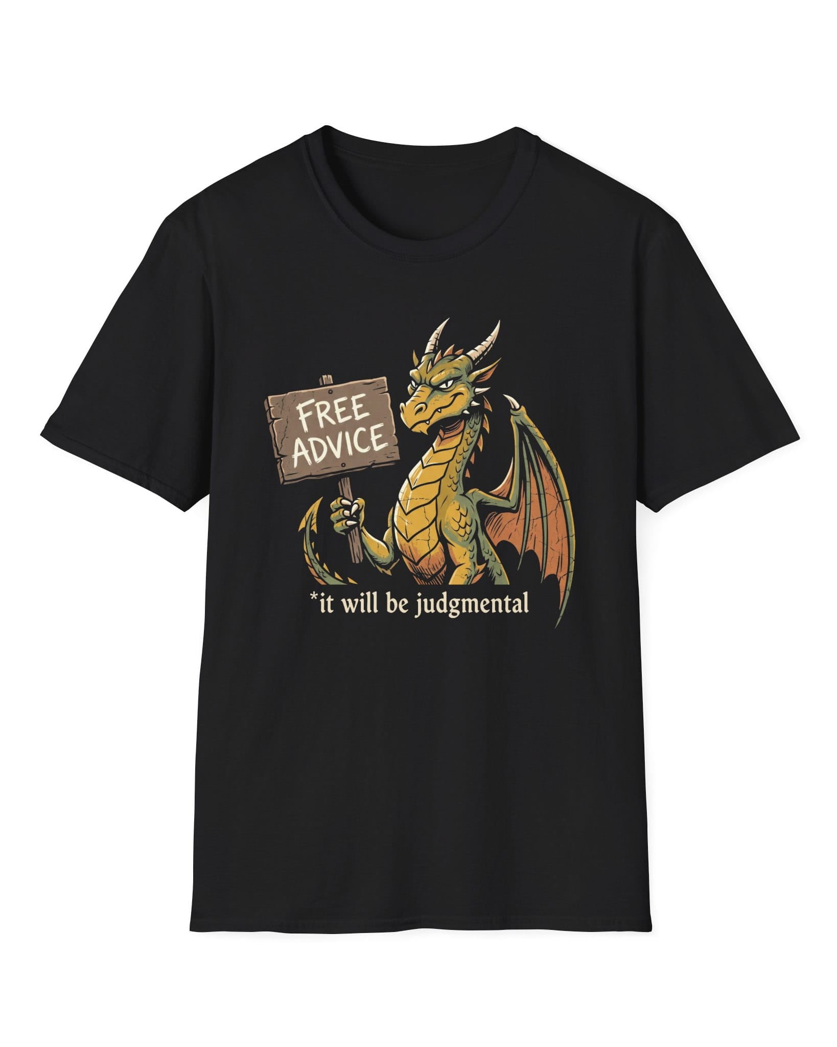 Free Advice shirt in black featuring a green and gold dragon holding a wooden sign reading “Free Advice”