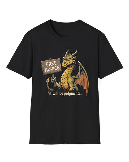 Free Advice shirt in black featuring a green and gold dragon holding a wooden sign reading “Free Advice”