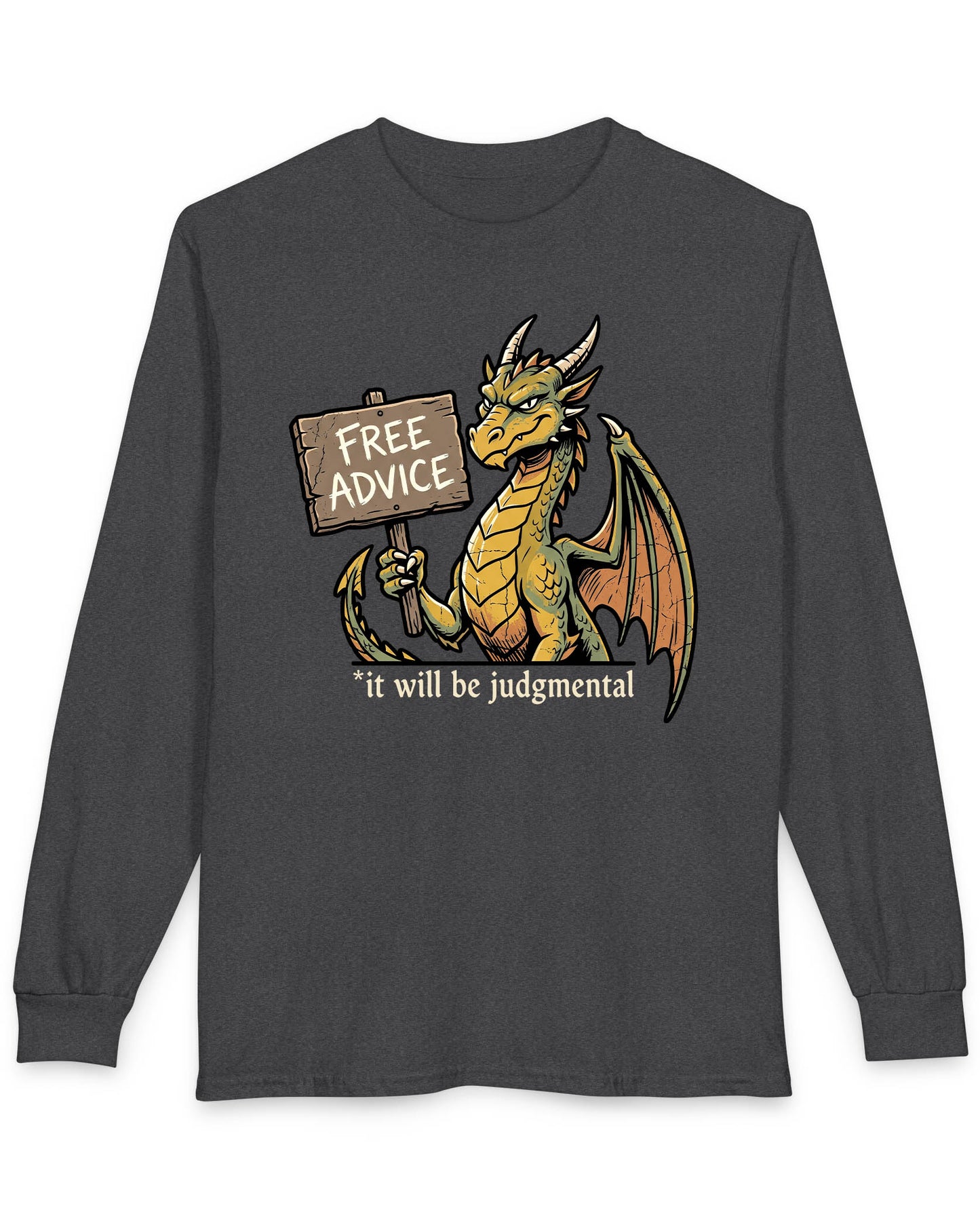 Free Advice shirt in dark heather featuring a green and gold dragon holding a wooden sign reading “Free Advice”