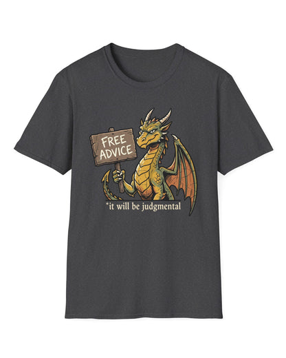 Free Advice shirt in dark heather featuring a green and gold dragon holding a wooden sign reading “Free Advice”