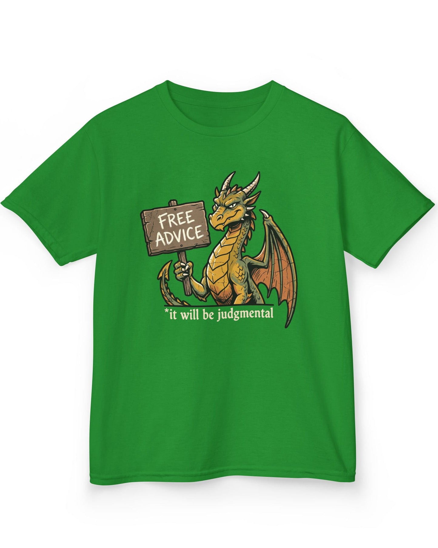 Free Advice shirt in Irish green featuring a green and gold dragon holding a wooden sign reading “Free Advice”