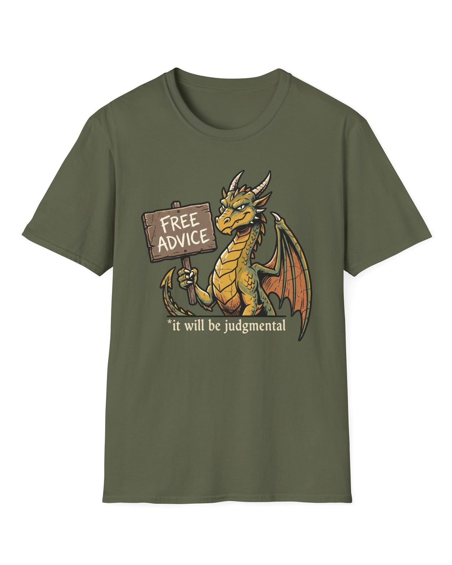 Free Advice shirt in military green featuring a green and gold dragon holding a wooden sign reading “Free Advice”