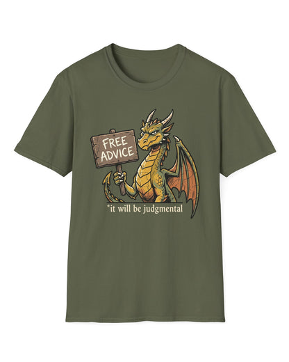 Free Advice shirt in military green featuring a green and gold dragon holding a wooden sign reading “Free Advice”