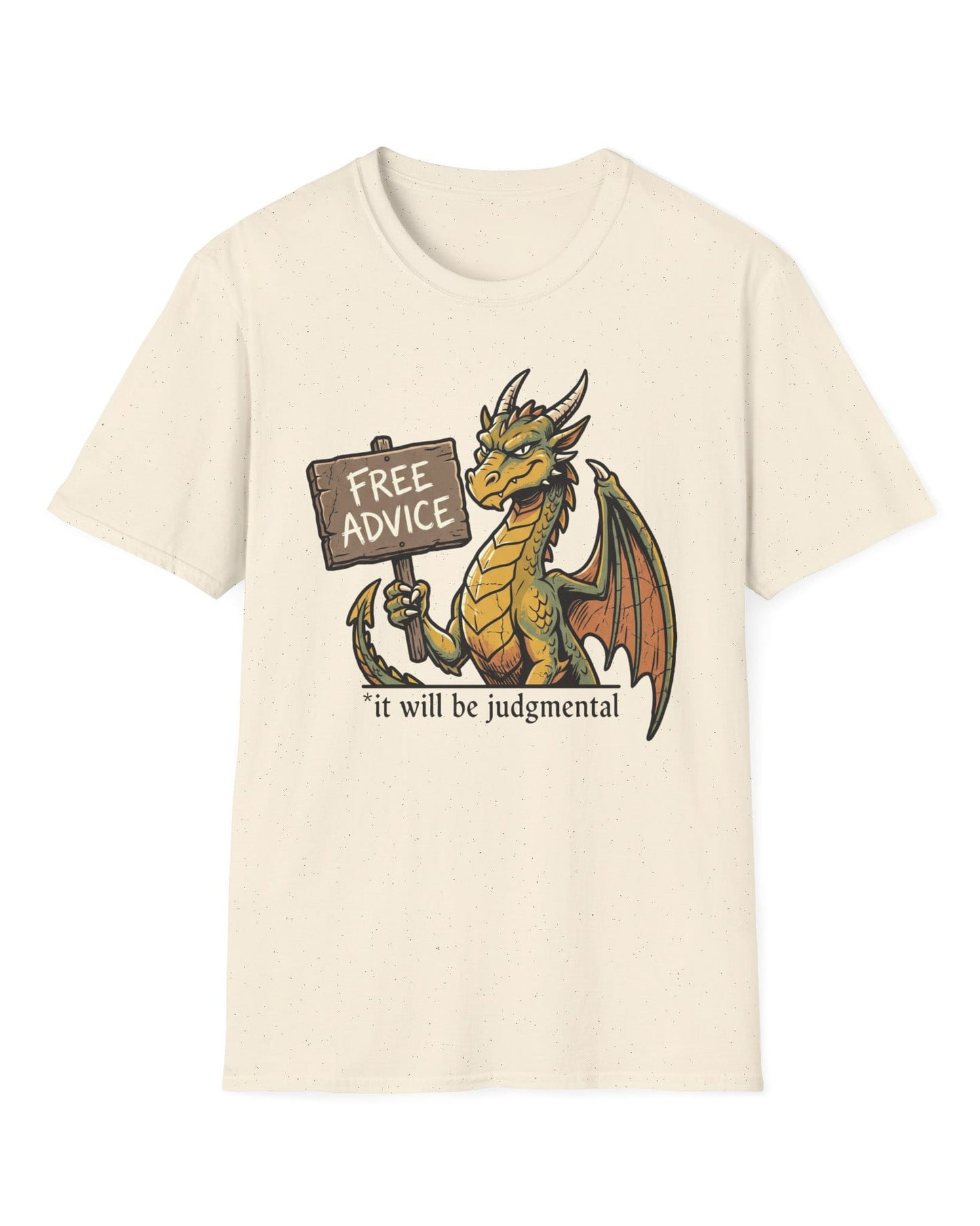 Free Advice shirt in natural featuring a green and gold dragon holding a wooden sign reading “Free Advice”