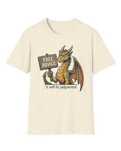 Free Advice shirt in natural featuring a green and gold dragon holding a wooden sign reading “Free Advice”