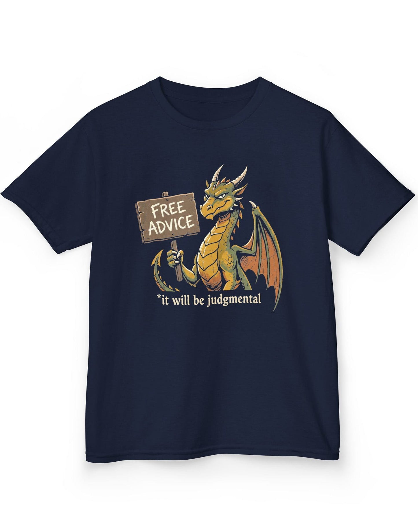 Free Advice shirt in navy featuring a green and gold dragon holding a wooden sign reading “Free Advice”