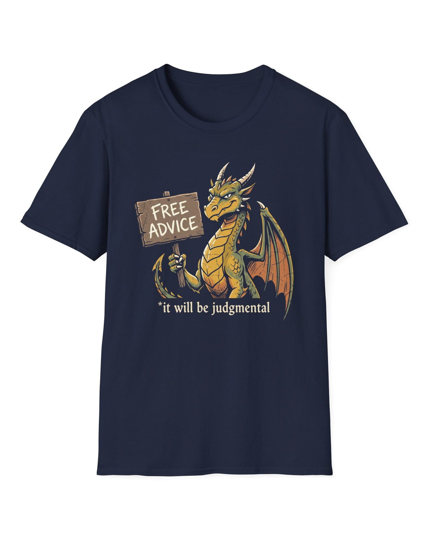 Free Advice shirt in navy featuring a green and gold dragon holding a wooden sign reading “Free Advice”