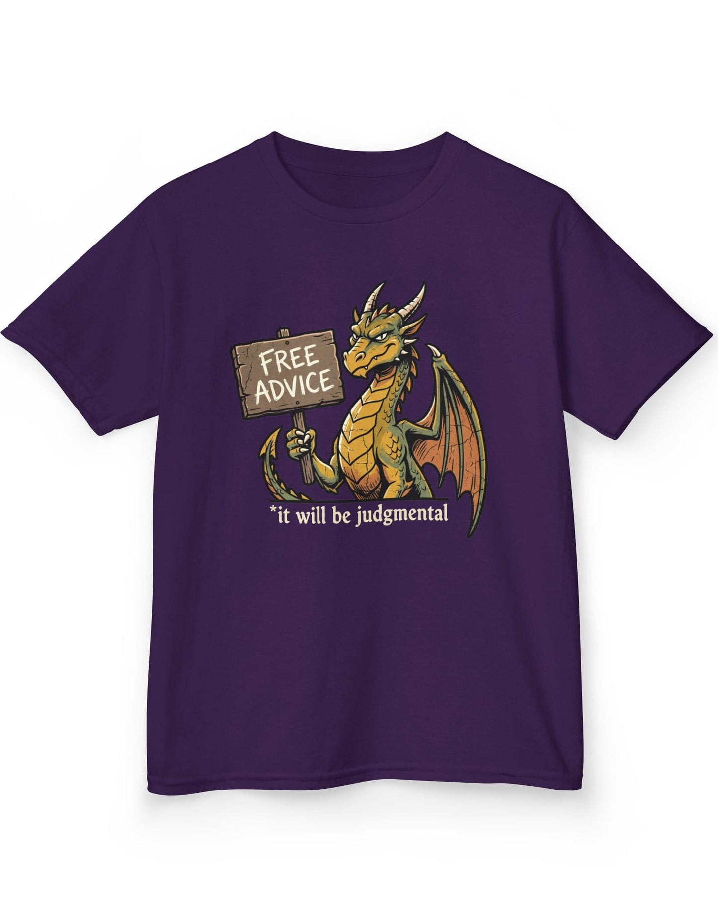 Free Advice shirt in purple featuring a green and gold dragon holding a wooden sign reading “Free Advice”