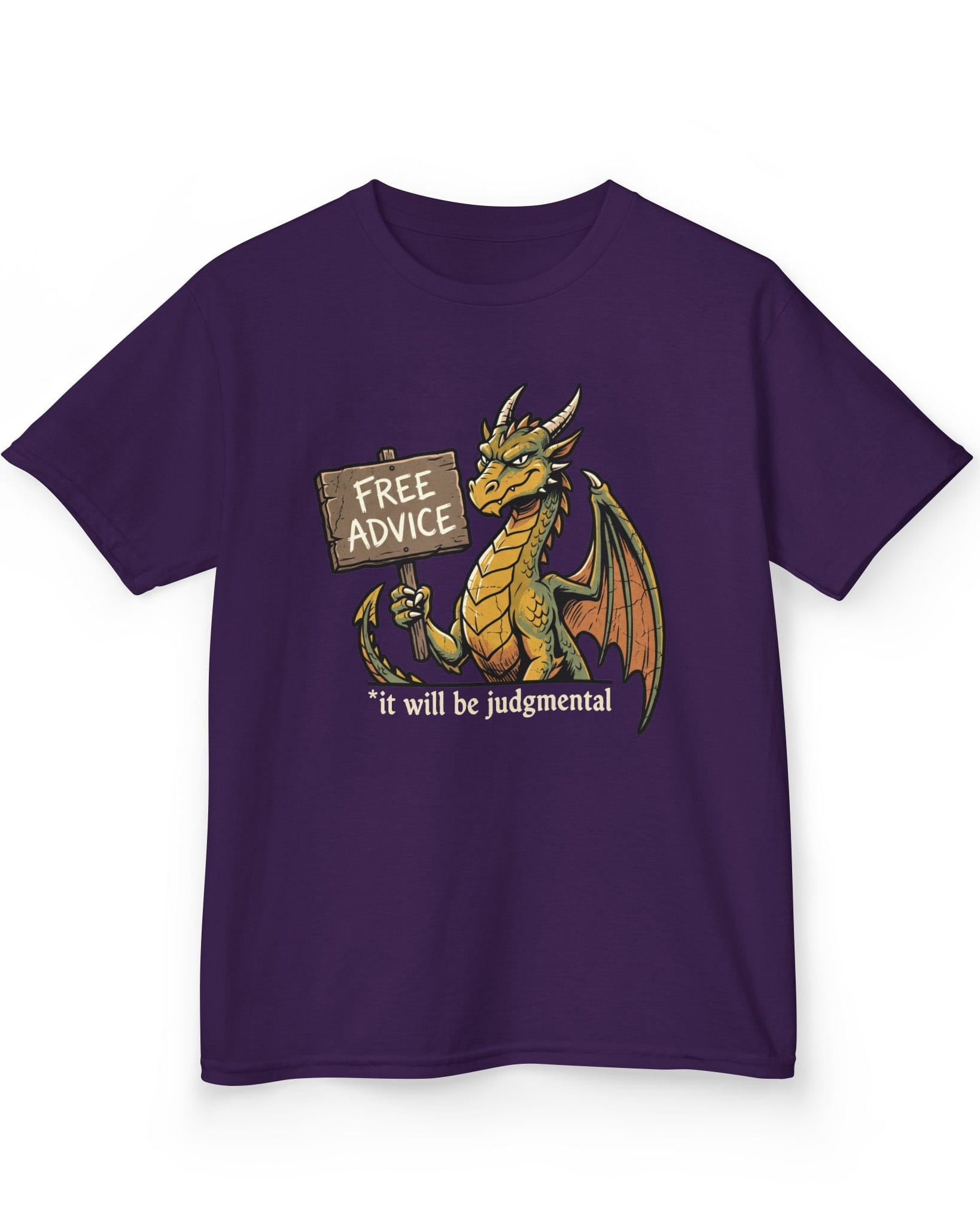 Free Advice shirt in purple featuring a green and gold dragon holding a wooden sign reading “Free Advice”