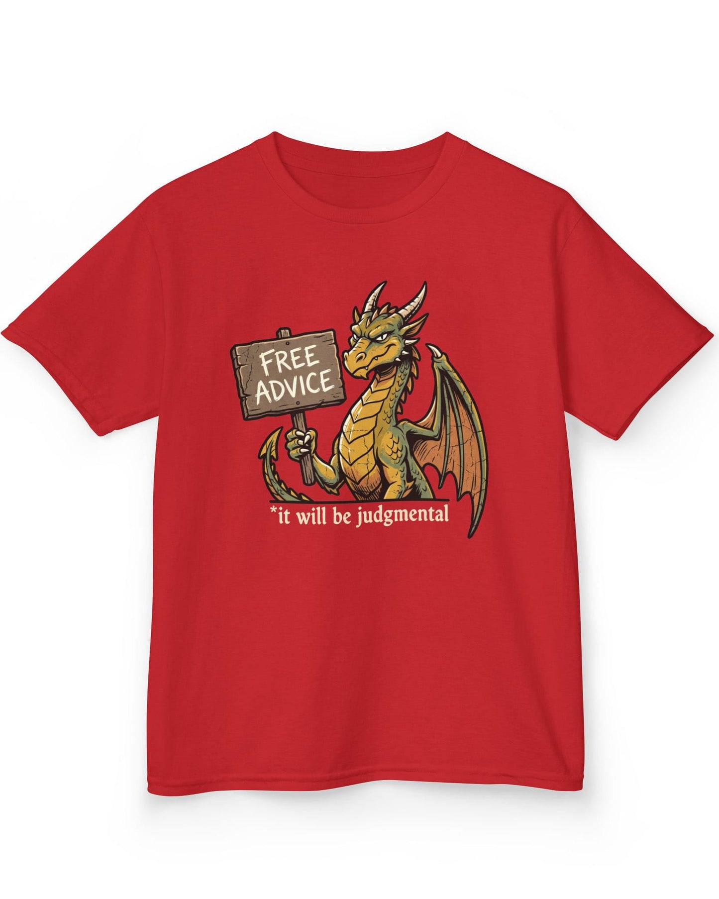 Free Advice shirt in red featuring a green and gold dragon holding a wooden sign reading “Free Advice”