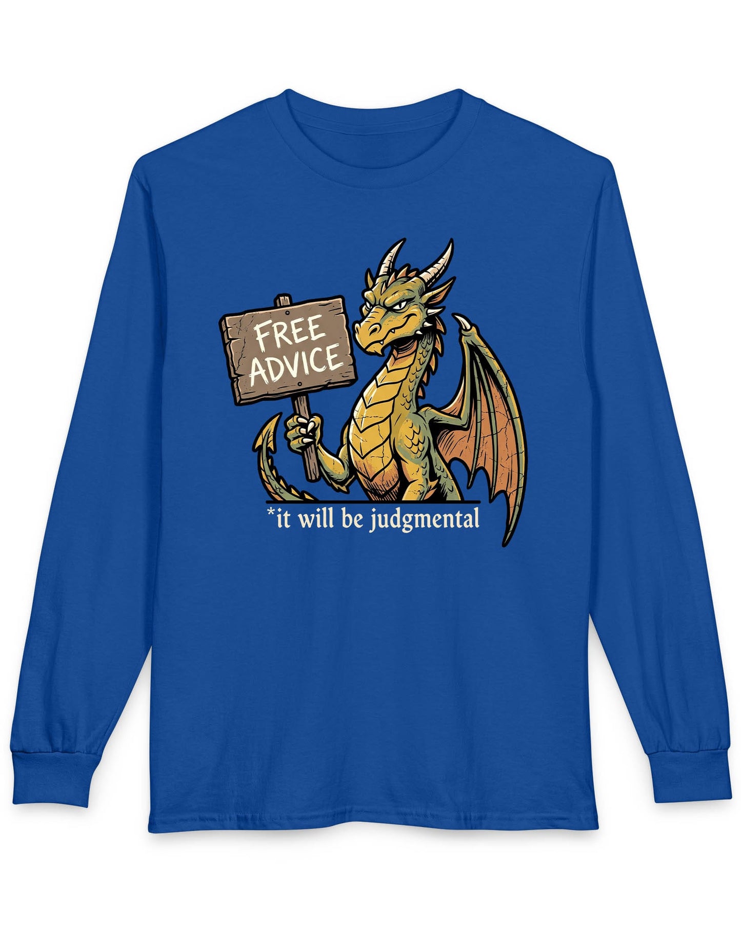 Free Advice shirt in royal blue featuring a green and gold dragon holding a wooden sign reading “Free Advice”