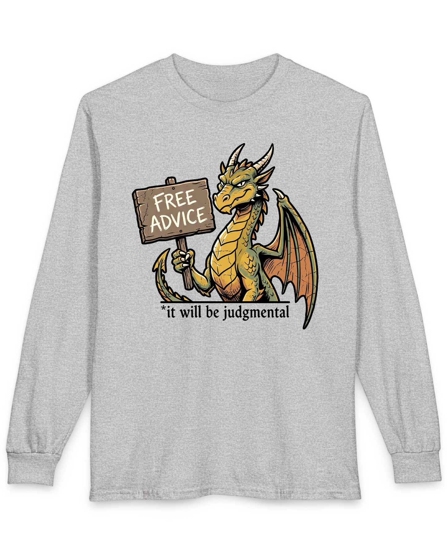 Free Advice shirt in sport grey featuring a green and gold dragon holding a wooden sign reading “Free Advice”