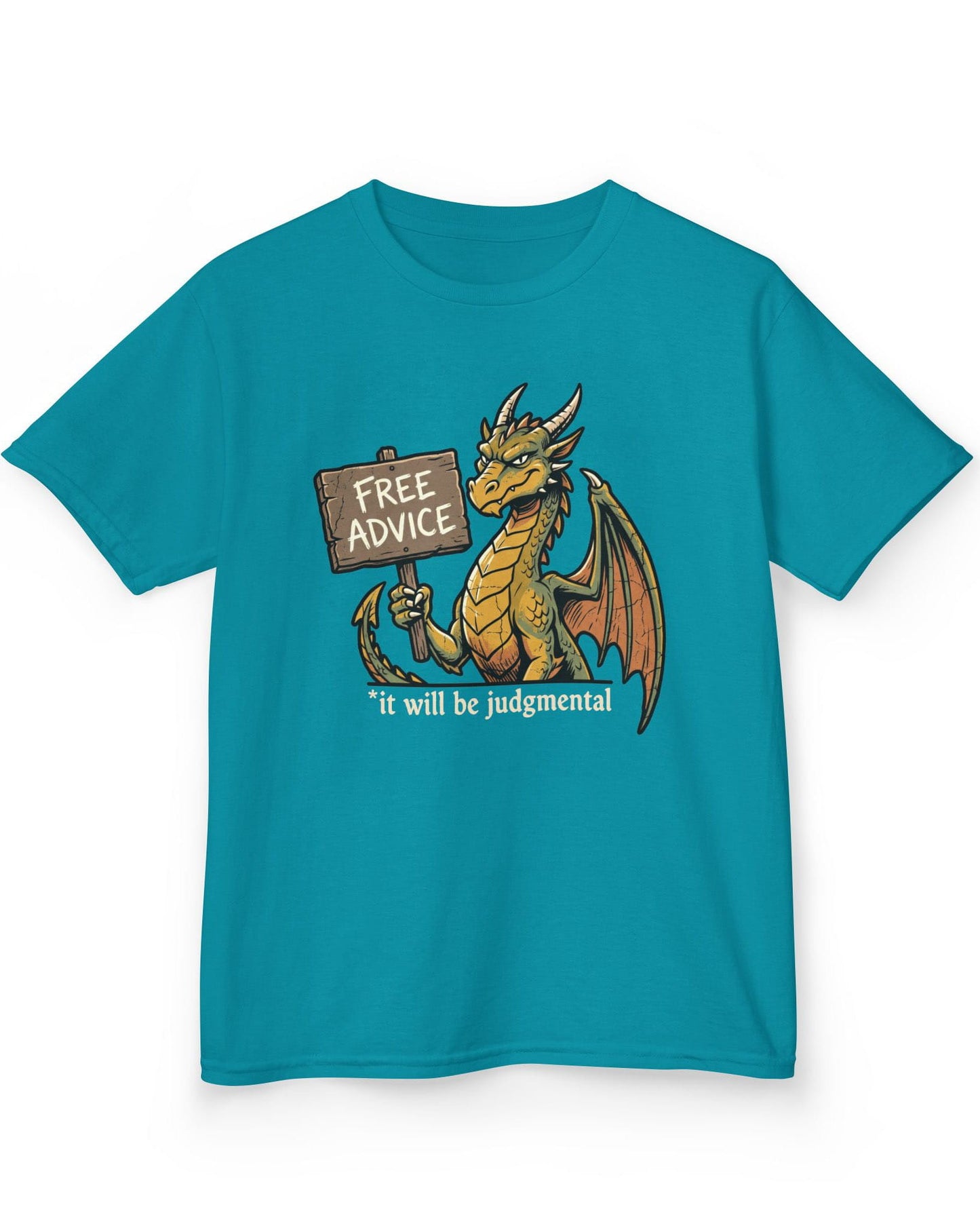 Free Advice shirt in tropical blue featuring a green and gold dragon holding a wooden sign reading “Free Advice”