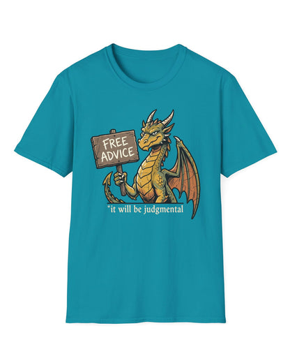 Free Advice shirt in tropical blue featuring a green and gold dragon holding a wooden sign reading “Free Advice”