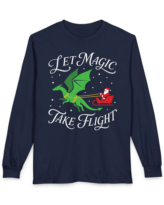Let Magic Take Flight shirt in navy featuring a green dragon pulling Santa in a red sleigh through falling snow