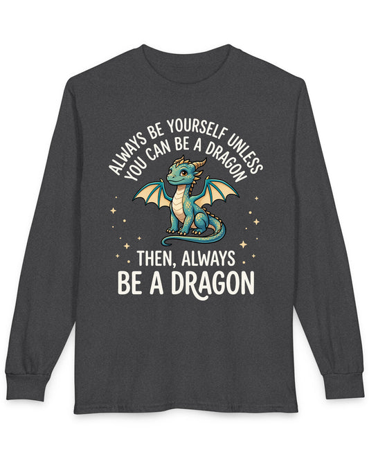 Always Be a Dragon shirt in dark heather featuring a teal winged dragon with cream wings surrounded by stars