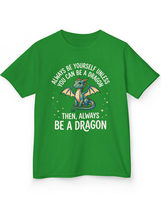 Always Be a Dragon shirt in Irish green featuring a teal winged dragon with cream wings surrounded by stars