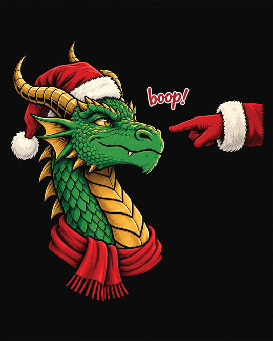 A Boop for Christmas shirt in black featuring a green dragon in a Santa hat and scarf being booped by Santa