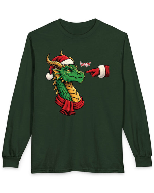 A Boop for Christmas shirt in forest green featuring a green dragon in a Santa hat and scarf being booped by Santa