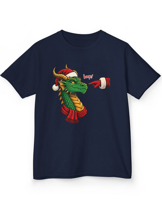 A Boop for Christmas shirt in navy featuring a green dragon in a Santa hat and scarf being booped by Santa