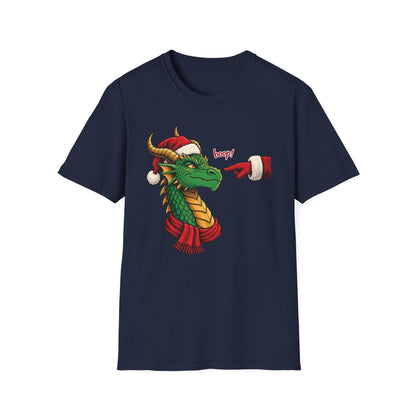 A Boop for Christmas shirt in navy featuring a green dragon in a Santa hat and scarf being booped by Santa