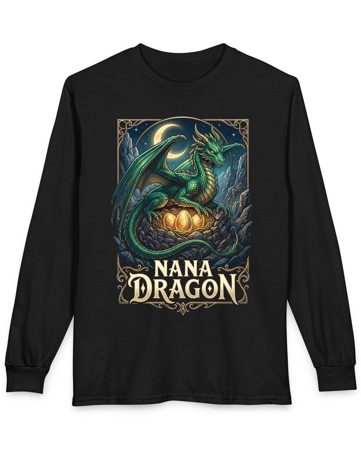 Nana Dragon shirt in black featuring a green dragon guarding glowing eggs beneath a crescent moon in fantasy style
