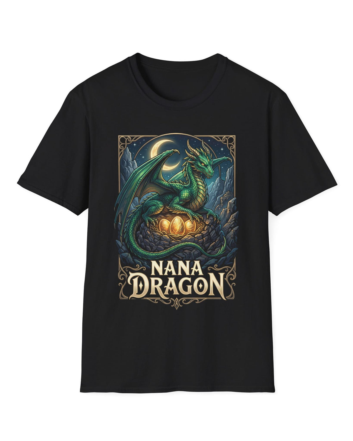 Nana Dragon shirt in black featuring a green dragon guarding glowing eggs beneath a crescent moon in fantasy style