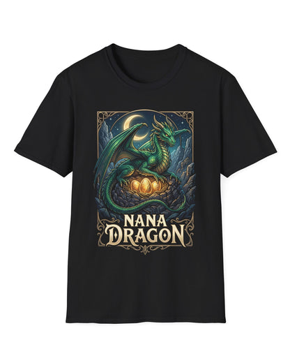 Nana Dragon shirt in black featuring a green dragon guarding glowing eggs beneath a crescent moon in fantasy style
