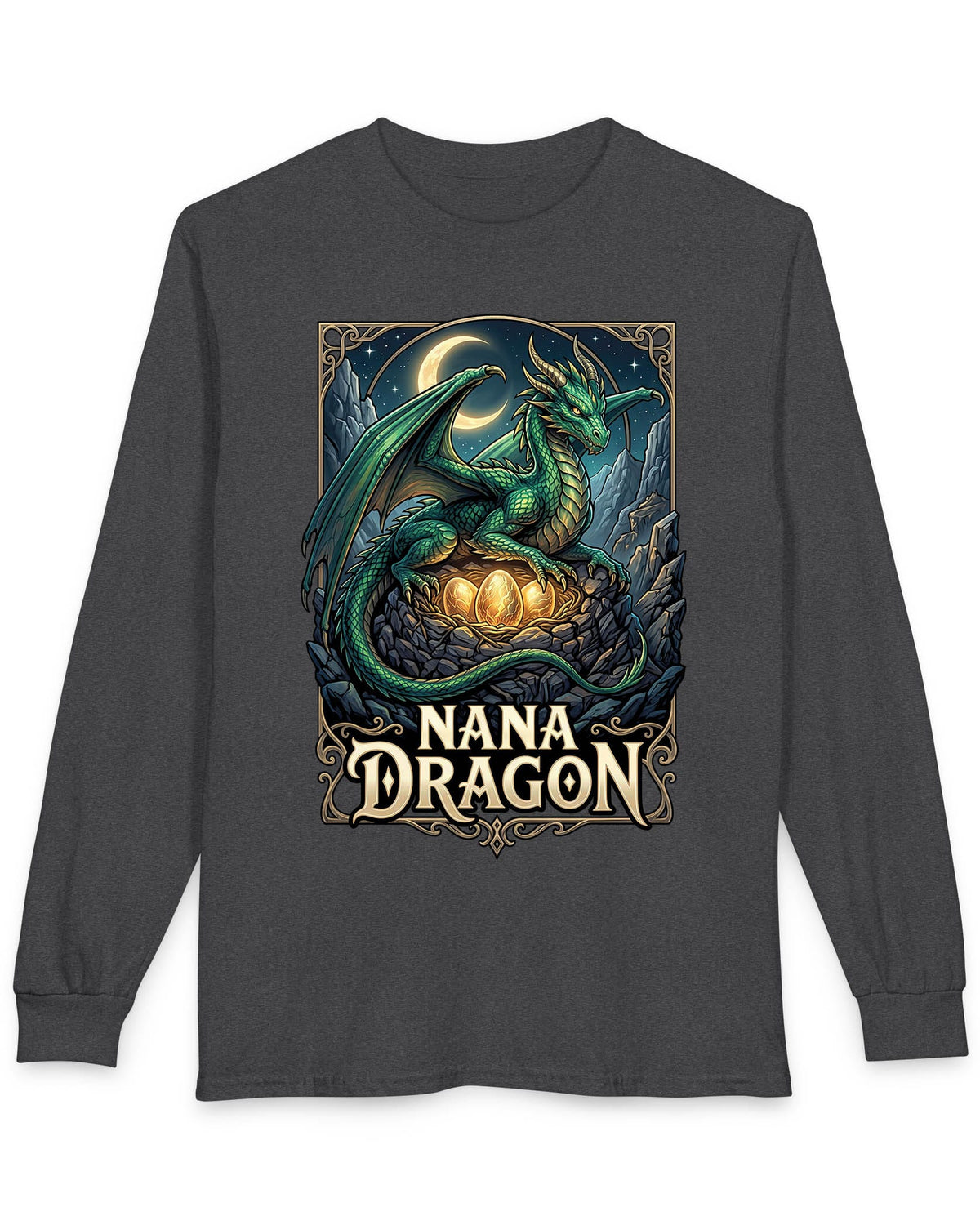 Nana Dragon shirt in dark heather featuring a green dragon guarding glowing eggs beneath a crescent moon in fantasy style