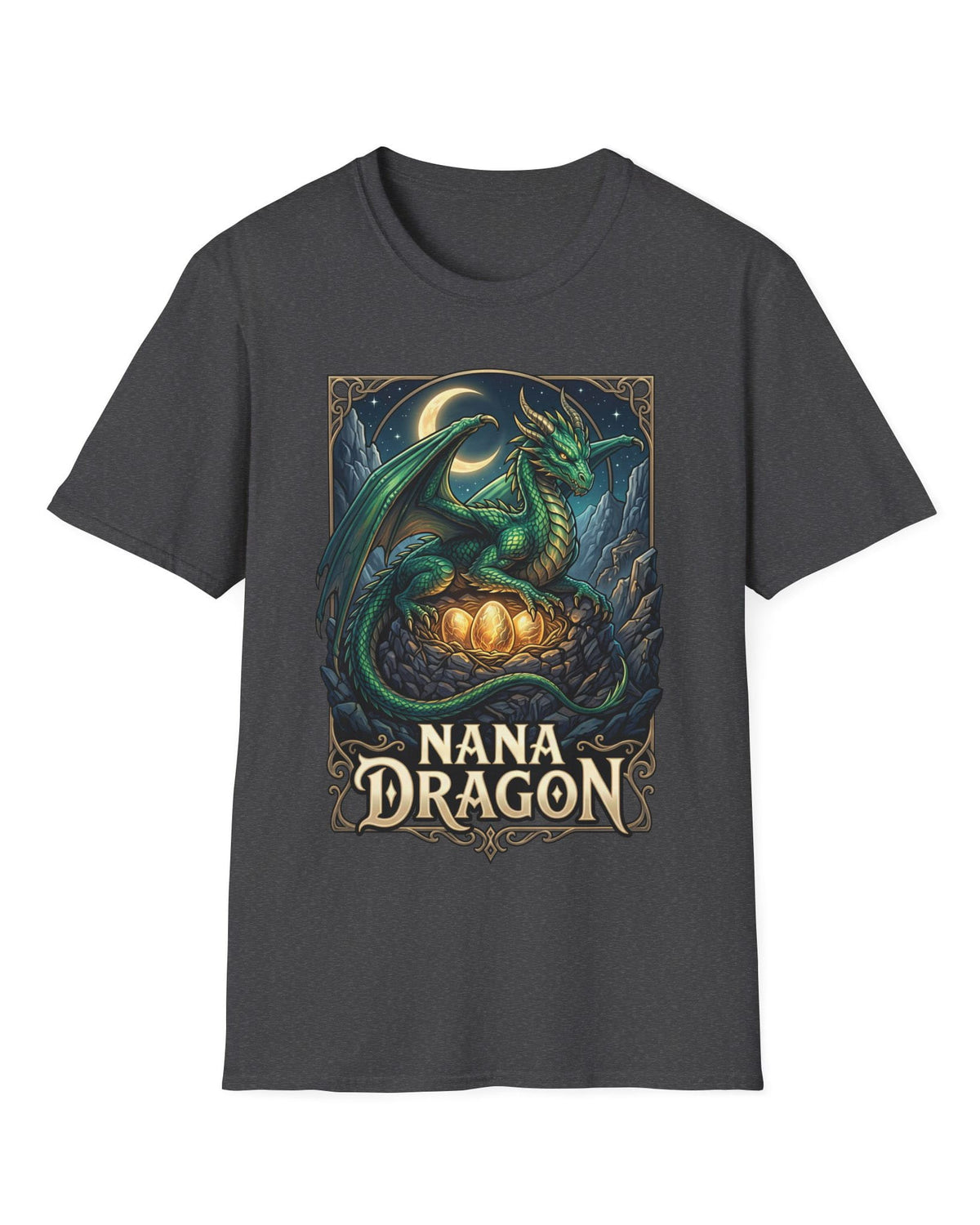 Nana Dragon shirt in dark heather featuring a green dragon guarding glowing eggs beneath a crescent moon in fantasy style