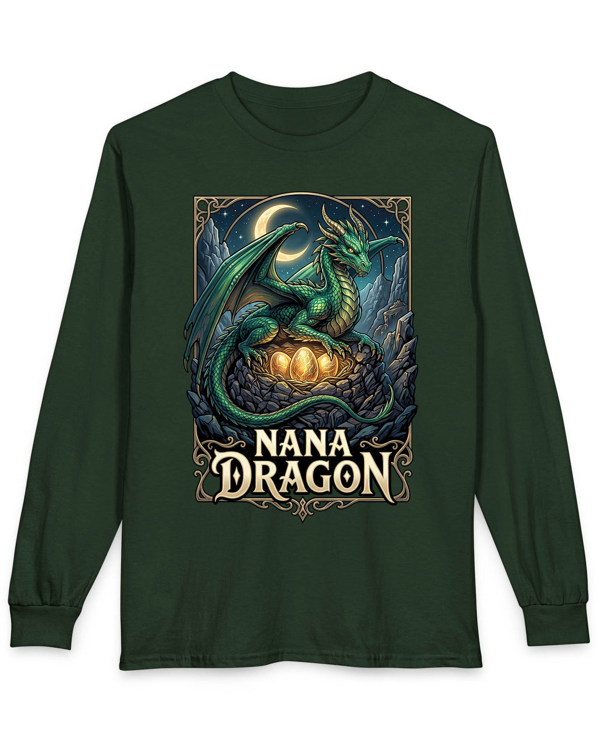 Nana Dragon shirt in forest green featuring a green dragon guarding glowing eggs beneath a crescent moon in fantasy style