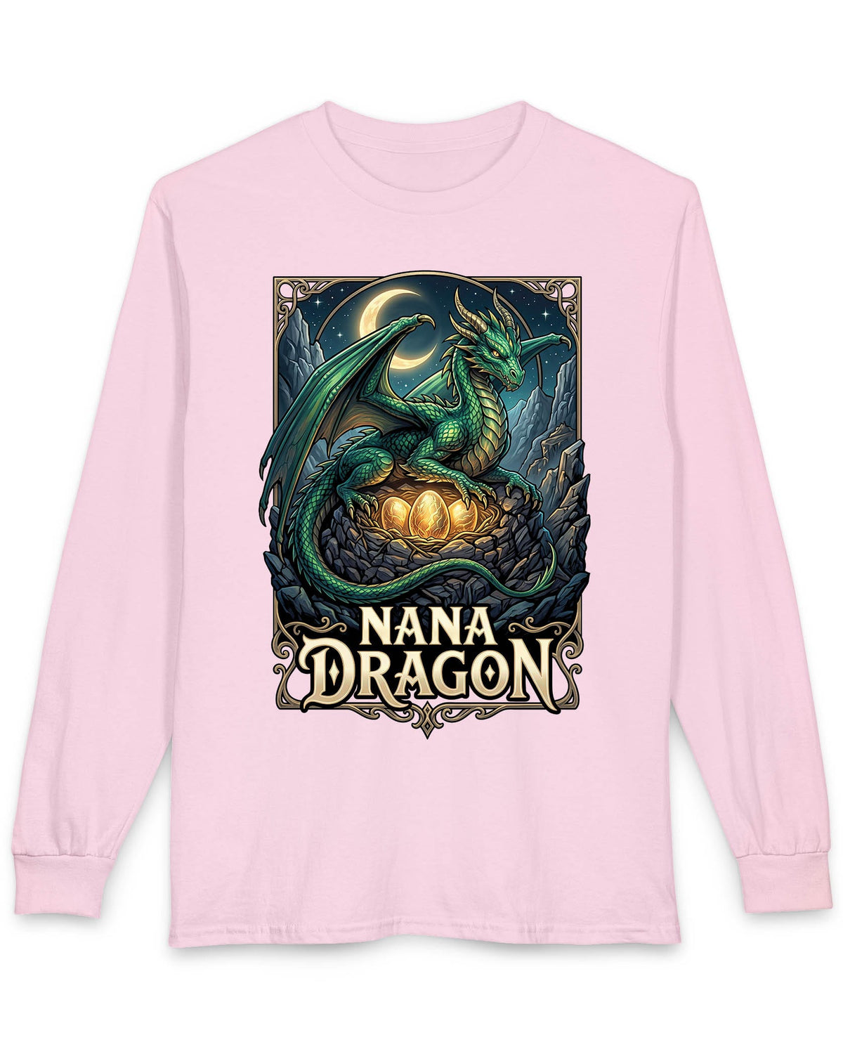 Nana Dragon shirt in light pink featuring a green dragon guarding glowing eggs beneath a crescent moon in fantasy style