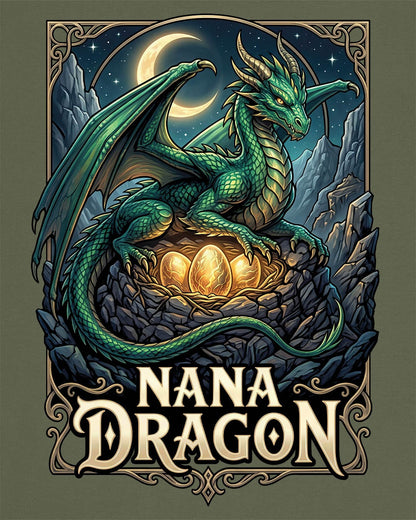 Nana Dragon shirt in military green featuring a green dragon guarding glowing eggs beneath a crescent moon in fantasy style