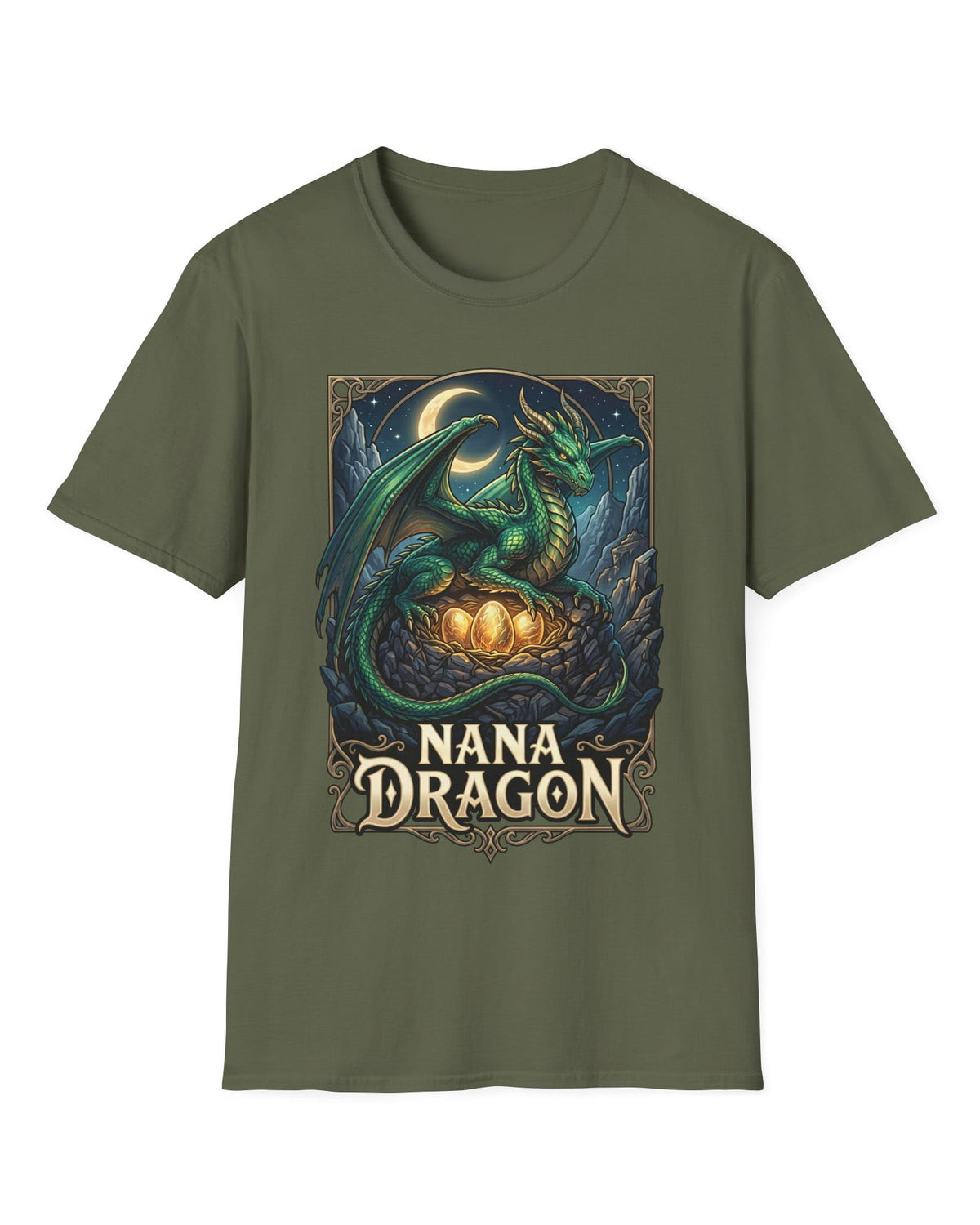 Nana Dragon shirt in military green featuring a green dragon guarding glowing eggs beneath a crescent moon in fantasy style