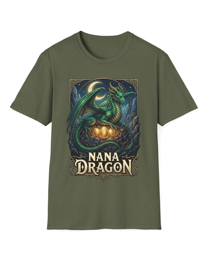 Nana Dragon shirt in military green featuring a green dragon guarding glowing eggs beneath a crescent moon in fantasy style
