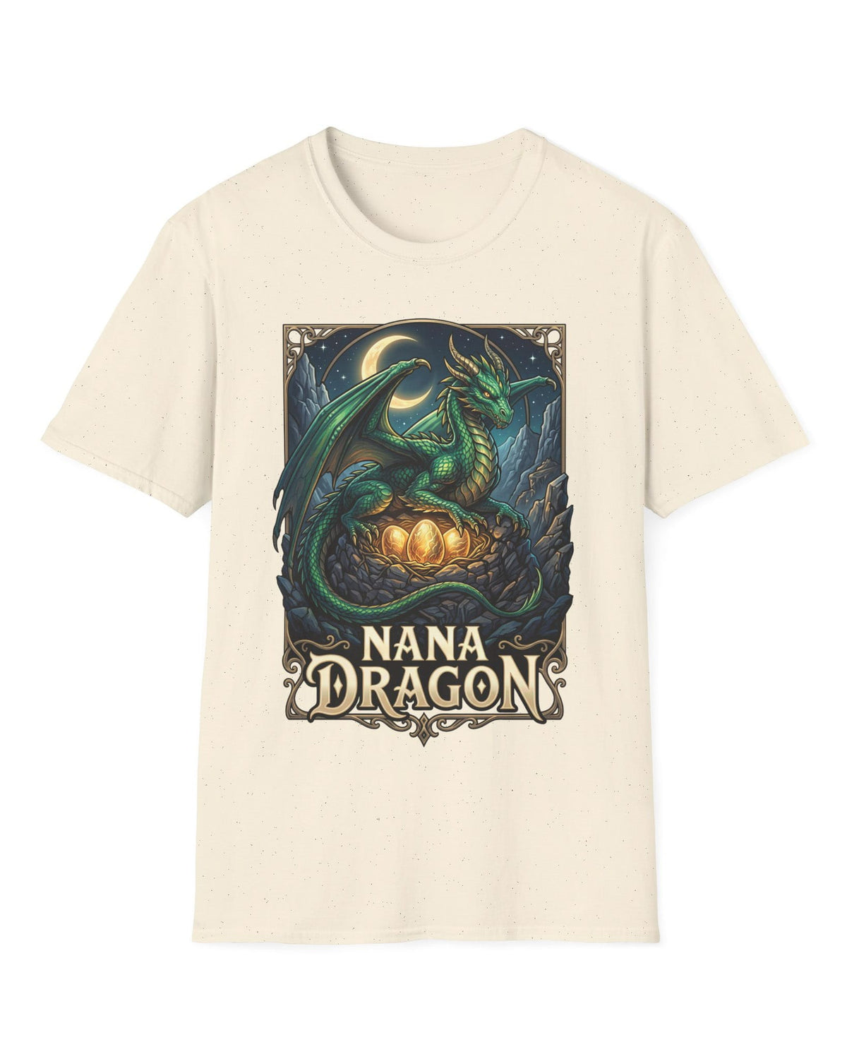 Nana Dragon shirt in natural featuring a green dragon guarding glowing eggs beneath a crescent moon in fantasy style