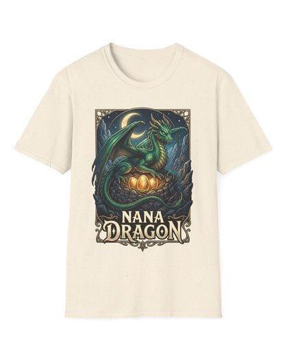 Nana Dragon shirt in natural featuring a green dragon guarding glowing eggs beneath a crescent moon in fantasy style
