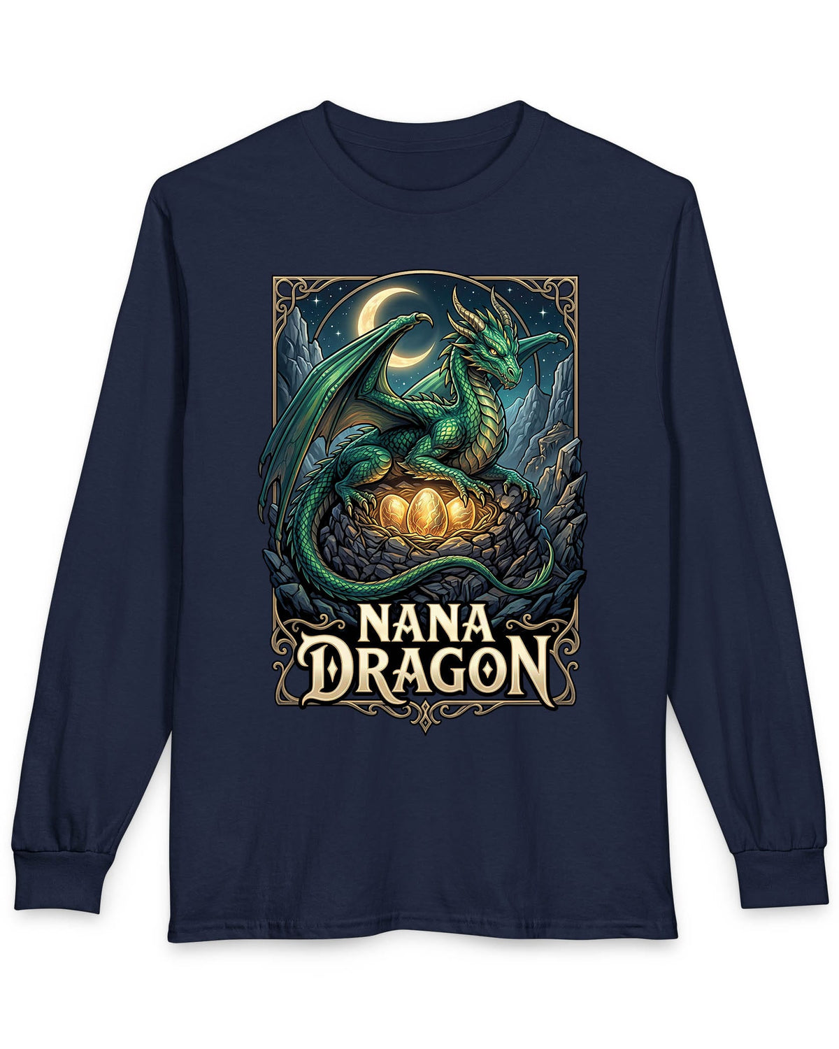 Nana Dragon shirt in navy featuring a green dragon guarding glowing eggs beneath a crescent moon in fantasy style