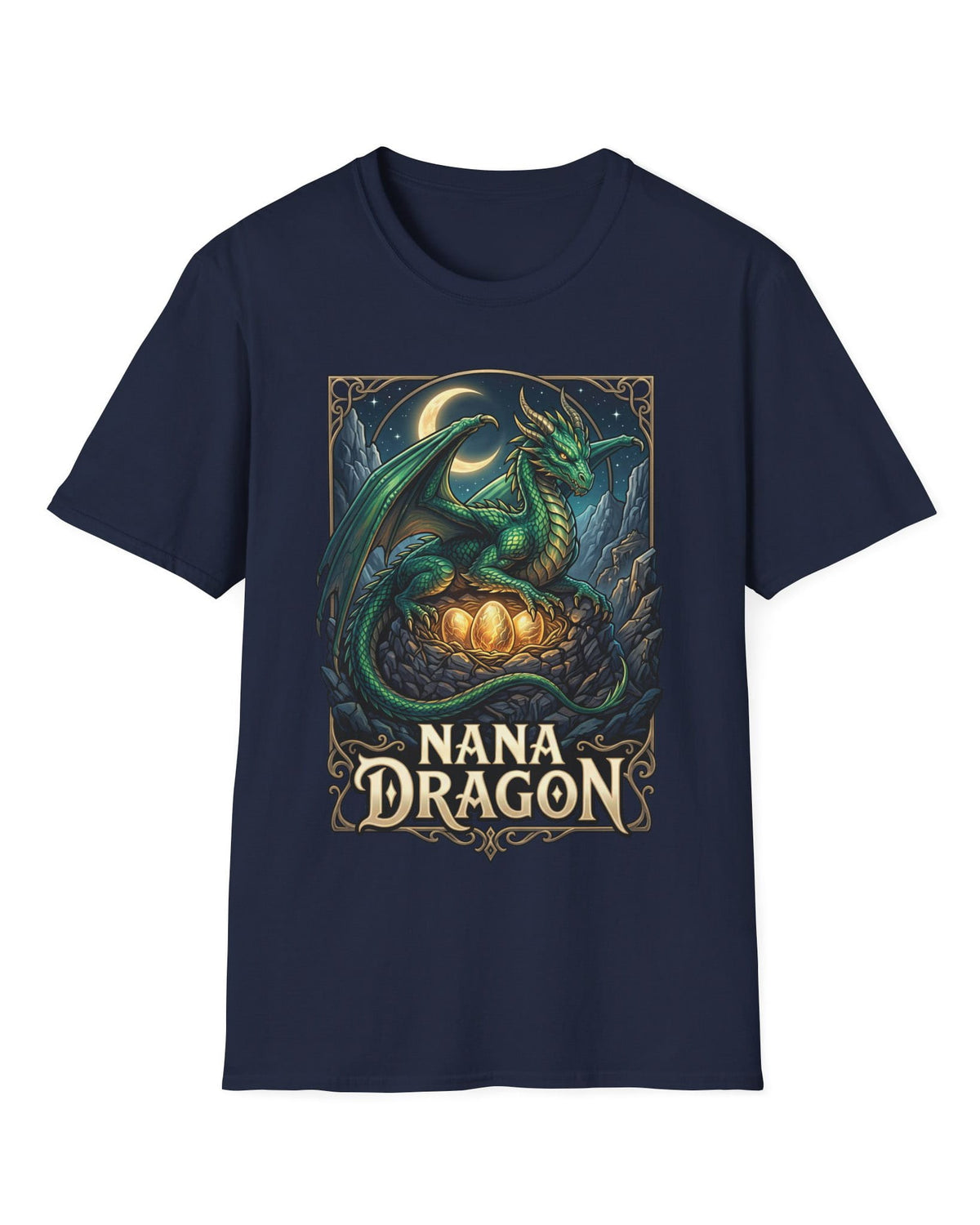 Nana Dragon shirt in navy featuring a green dragon guarding glowing eggs beneath a crescent moon in fantasy style