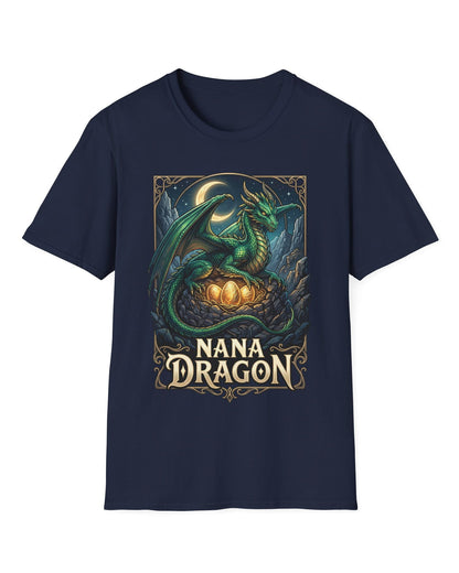 Nana Dragon shirt in navy featuring a green dragon guarding glowing eggs beneath a crescent moon in fantasy style