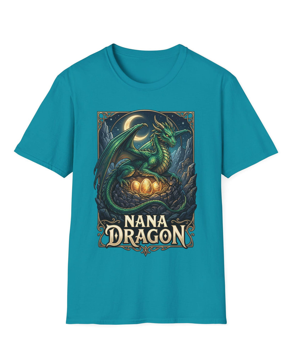 Nana Dragon shirt in tropical blue featuring a green dragon guarding glowing eggs beneath a crescent moon in fantasy style