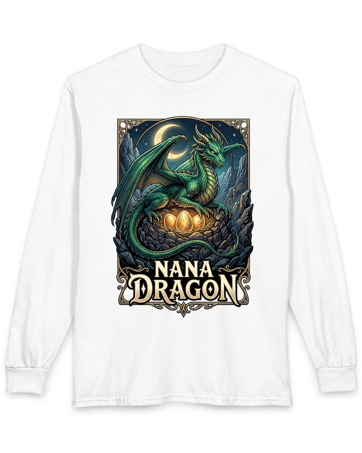 Nana Dragon shirt in white featuring a green dragon guarding glowing eggs beneath a crescent moon in fantasy style