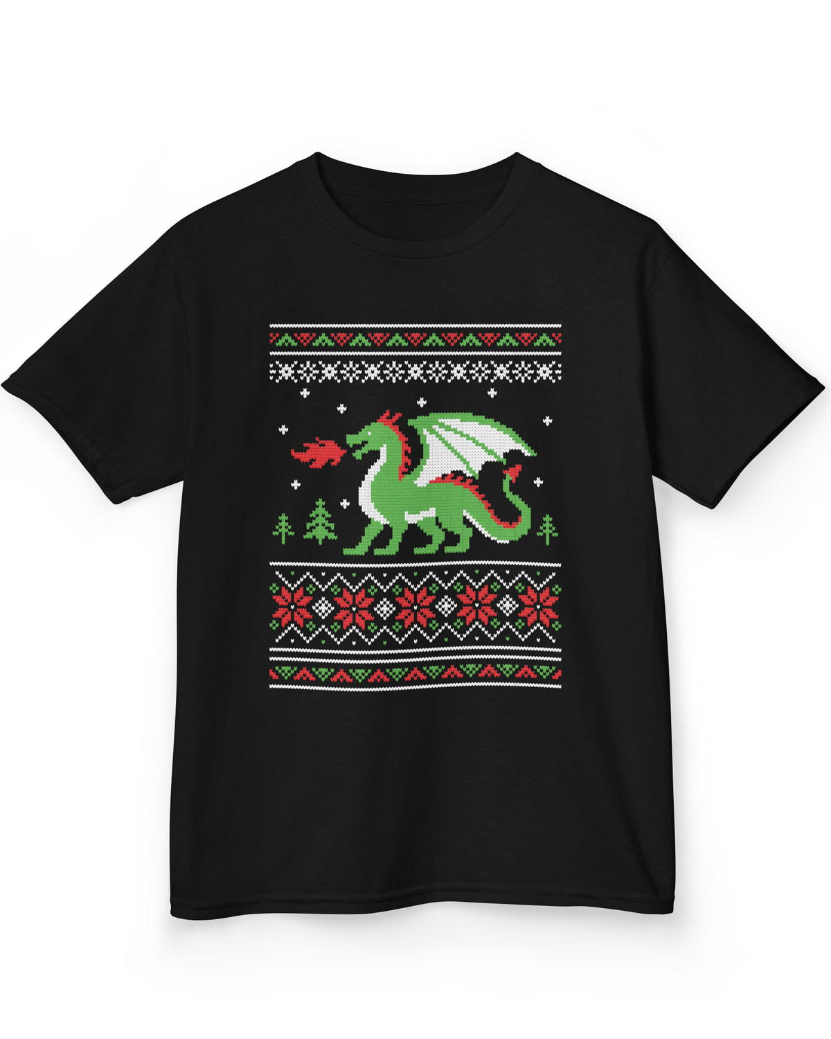 Dragon Christmas Sweater shirt in black featuring a green dragon and red, green, and white knit holiday patterns