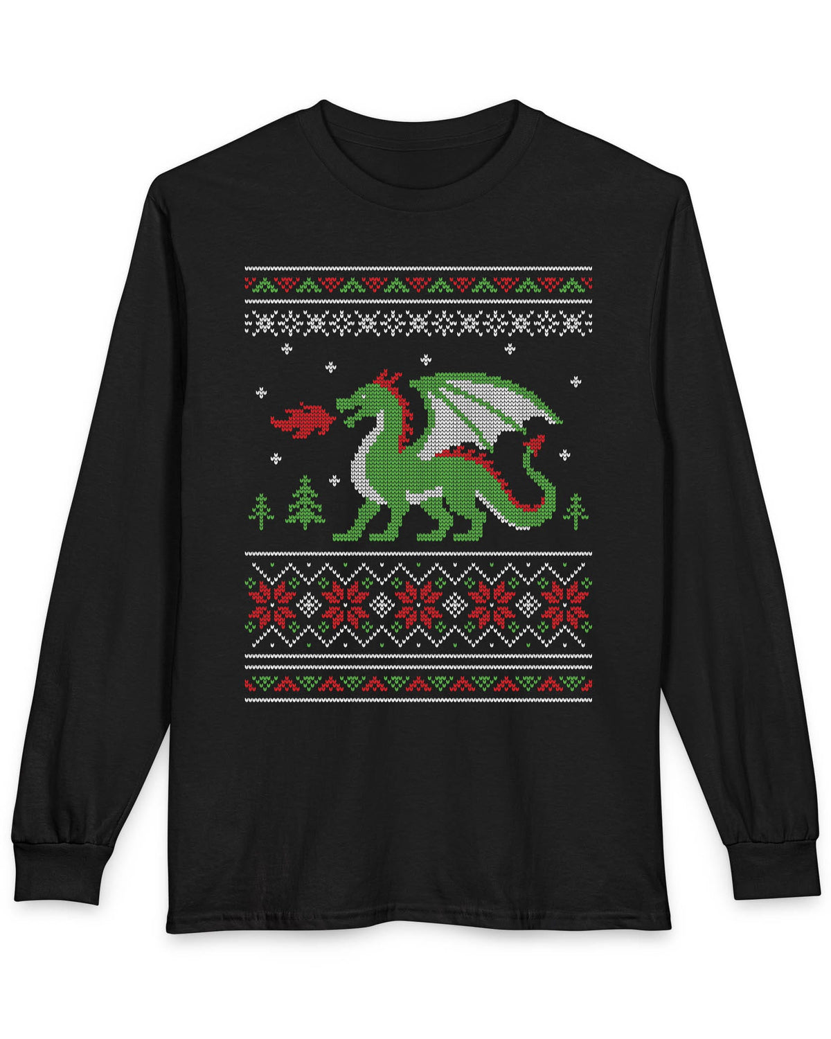 Dragon Christmas Sweater shirt in black featuring a green dragon and red, green, and white knit holiday patterns