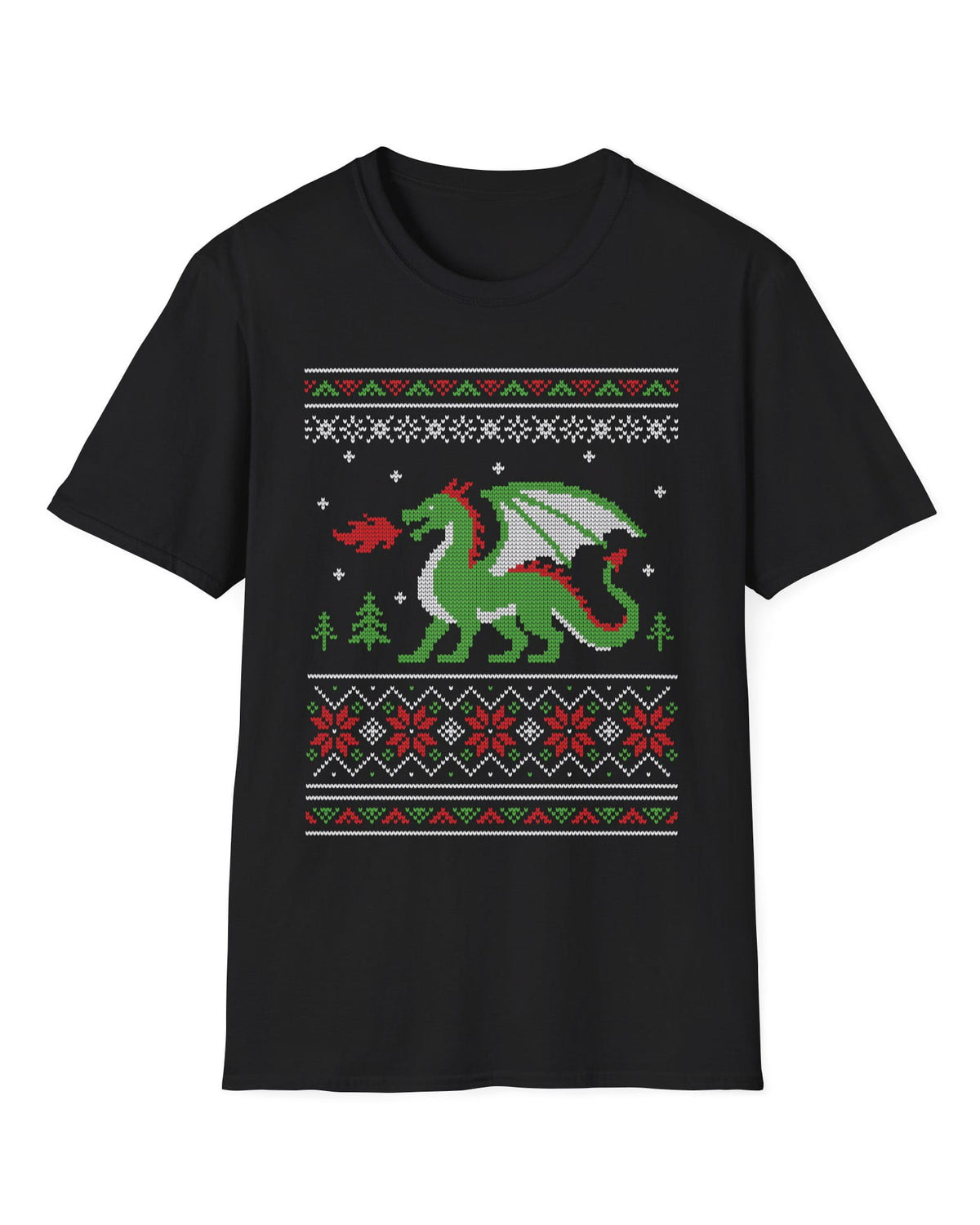 Dragon Christmas Sweater shirt in black featuring a green dragon and red, green, and white knit holiday patterns