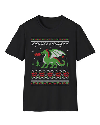 Dragon Christmas Sweater shirt in black featuring a green dragon and red, green, and white knit holiday patterns