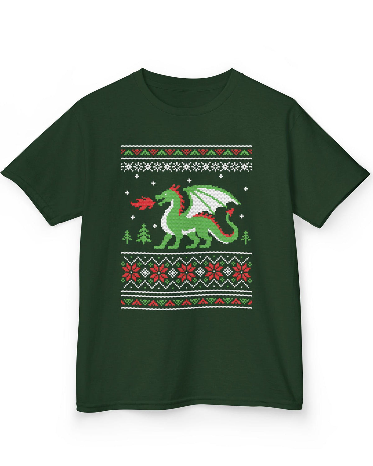 Dragon Christmas Sweater shirt in forest green featuring a green dragon and red, green, and white knit holiday patterns