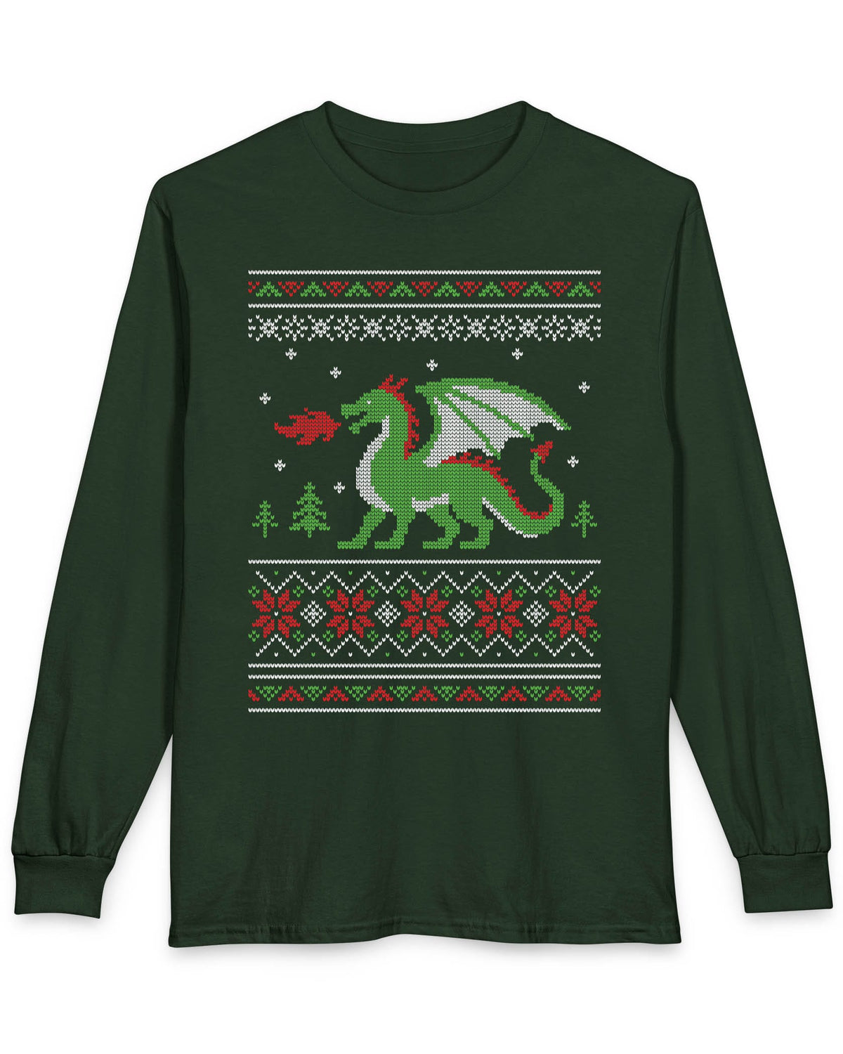 Dragon Christmas Sweater shirt in forest green featuring a green dragon and red, green, and white knit holiday patterns