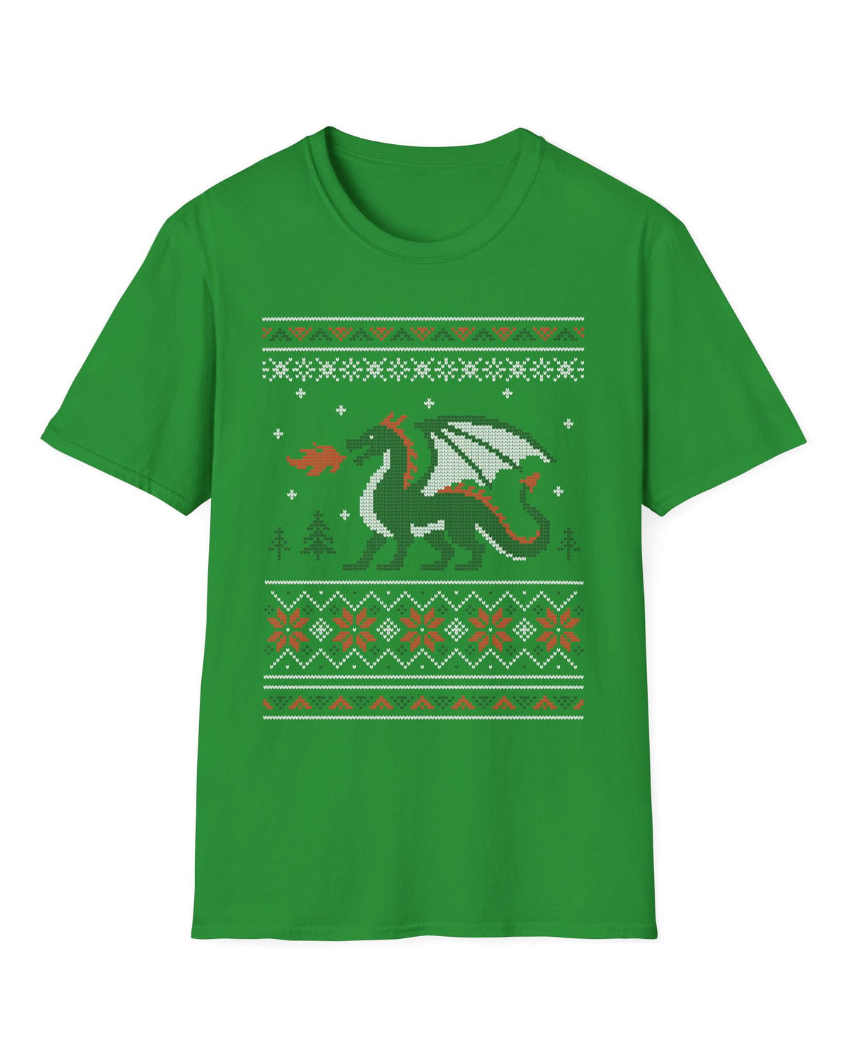 Dragon Christmas Sweater shirt in Irish green featuring a green dragon and red, green, and white knit holiday patterns